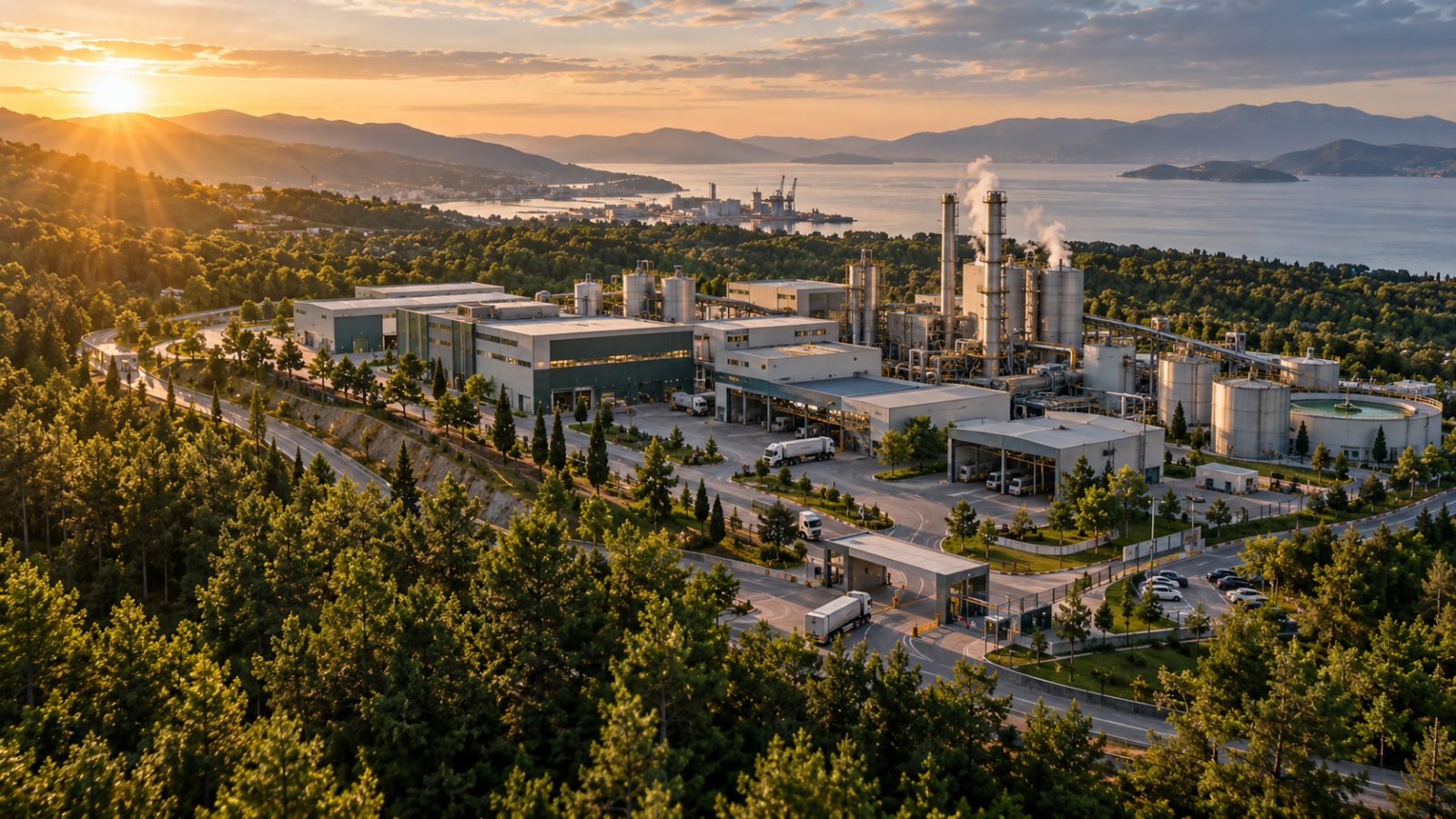 Orman içinde, Körfez kıyısında modern bir sanayi tesisi; gün doğumu